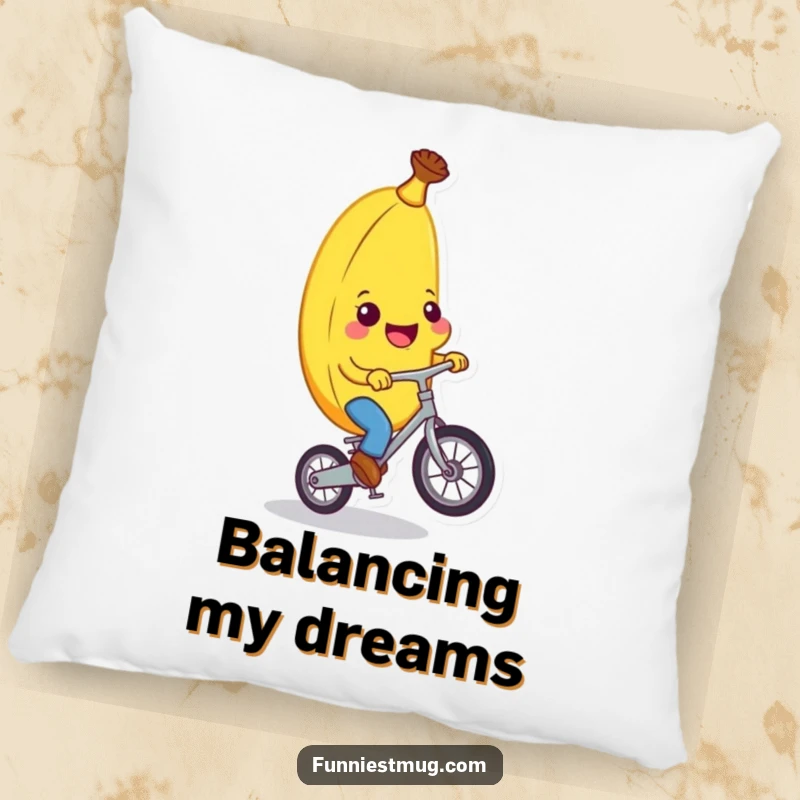 Funny banana character on a unicycle, depicted on a soft pillow, providing comfort and a touch of funny absurdity for relaxing.
