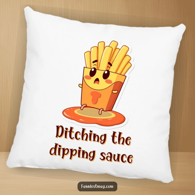 Funny pillow featuring a surprised french fry character with tiny legs escaping a ketchup pool, offering a humorous and soft touch to any seating area.