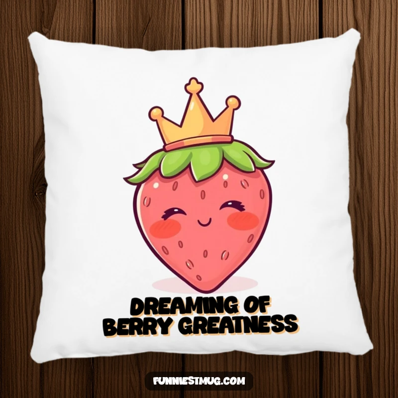 Funny strawberry pillow with a crown, blushing and winking, a soft and humorous decorative accent with a regal, fruity twist.