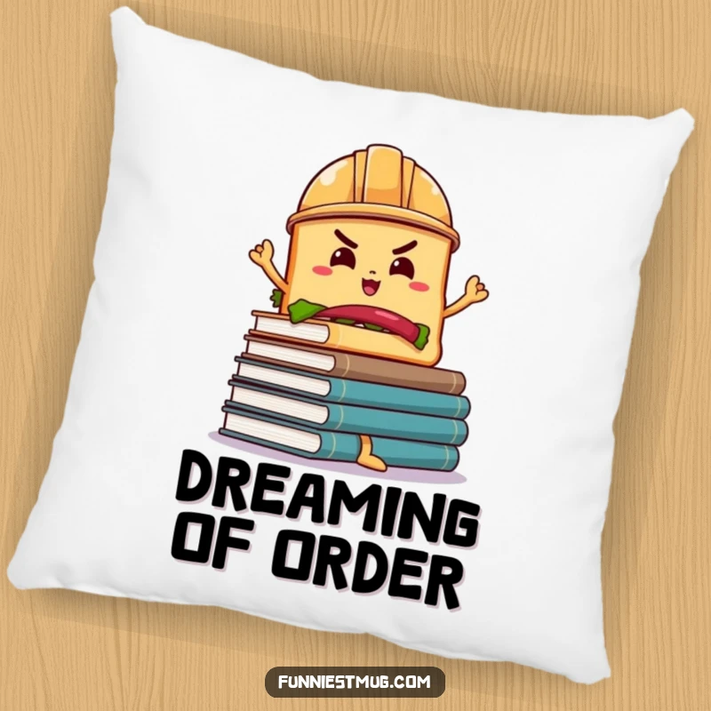 Funny Sandwich Book Balance Pillow: A determined sandwich in a hard hat balances wobbly books, a soft and funny accent pillow.