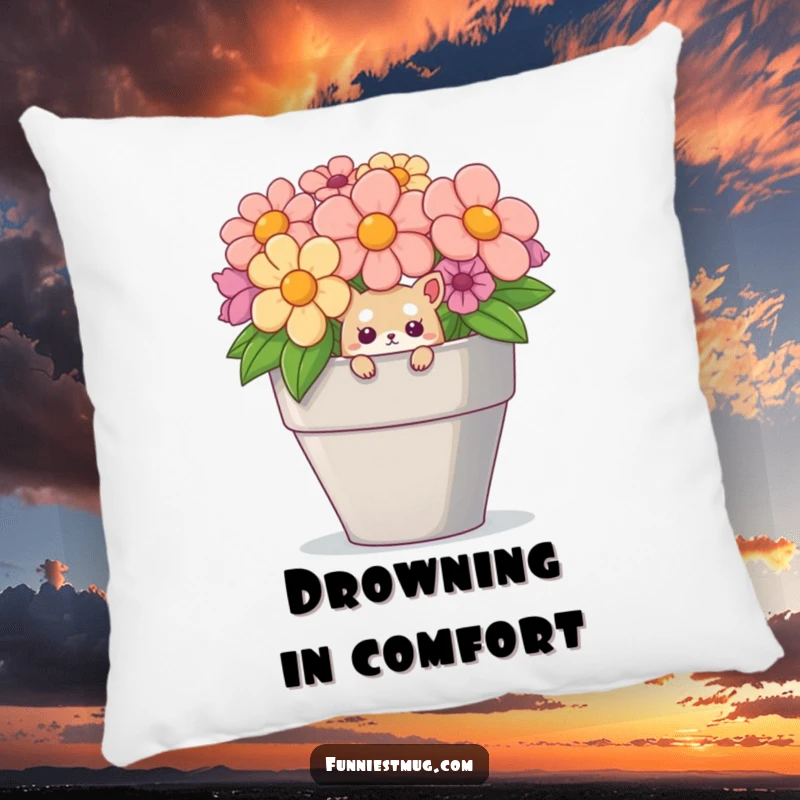 Plush funny pillow showcasing a curious creature peeking out of a large teacup, ideal for cozy spaces.