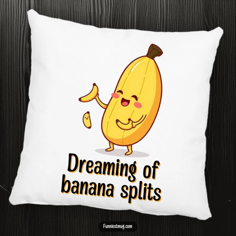 Funny banana juggling pillow, a happy banana winking while juggling tiny bananas, soft and cuddly.