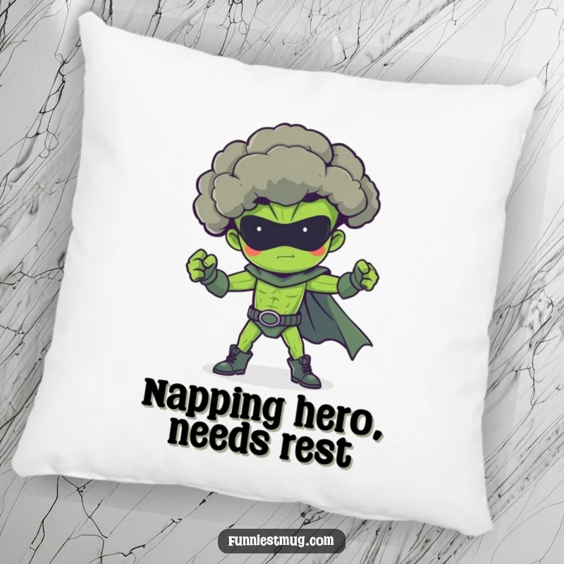 Funny broccoli superhero pillow, striking a heroic pose, offering comfort and a dose of veggie power.