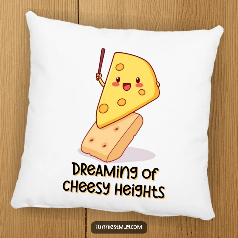 Funny pillow featuring a determined cheese wedge character mid-pole vault over a cracker, offering a humorous and soft touch to any seating area.