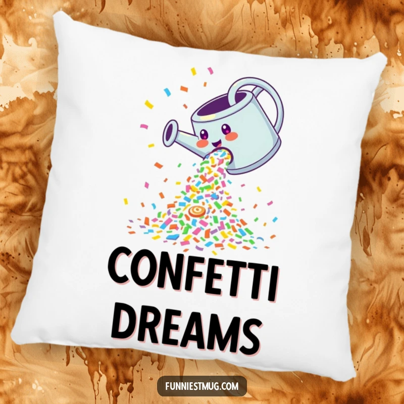 Funny Pillow: Giggling watering can pouring a cascade of colorful confetti, soft and festive decor.