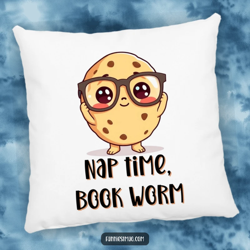 Funny cookie character wearing oversized reading glasses, on a soft pillow.