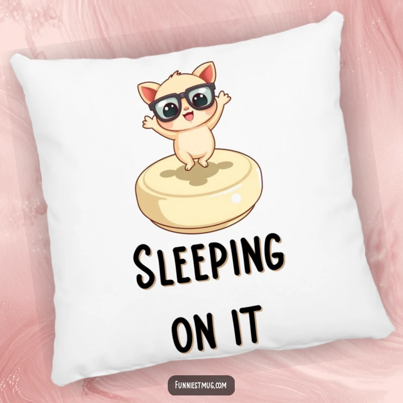 Funny Little Creature Pillow showcasing the character with oversized glasses joyfully dancing on a giant button, perfect for cozying up.
