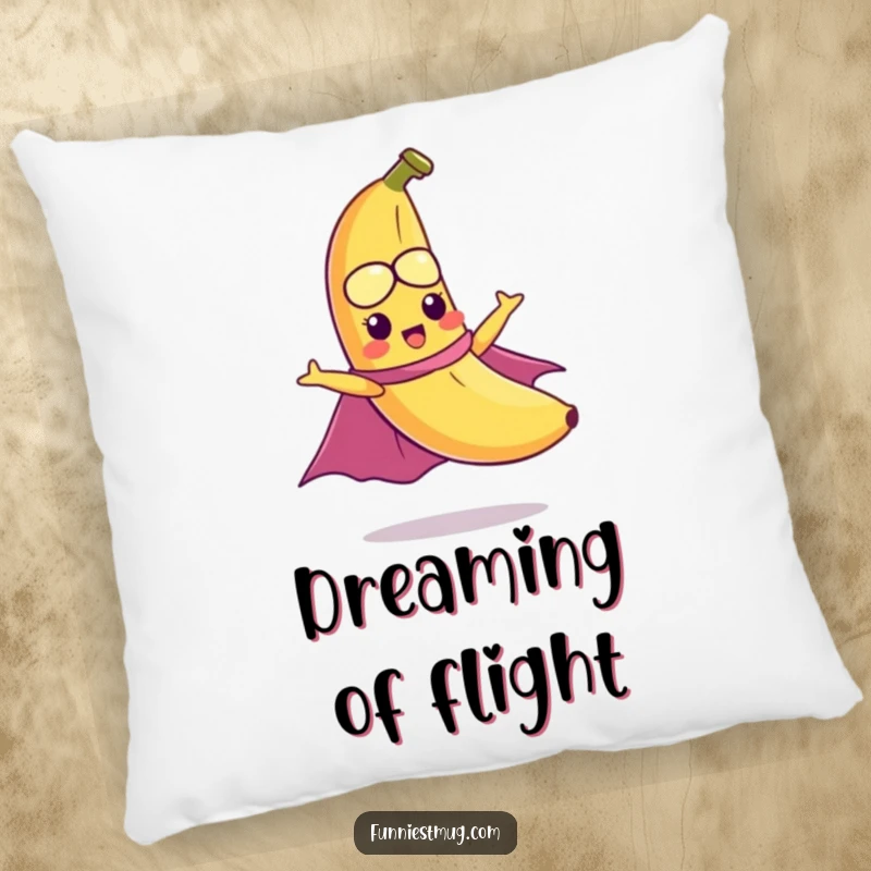 Funny pillow featuring a mischievous banana with a cape hilariously attempting to fly, providing soft comfort and superhero humor.