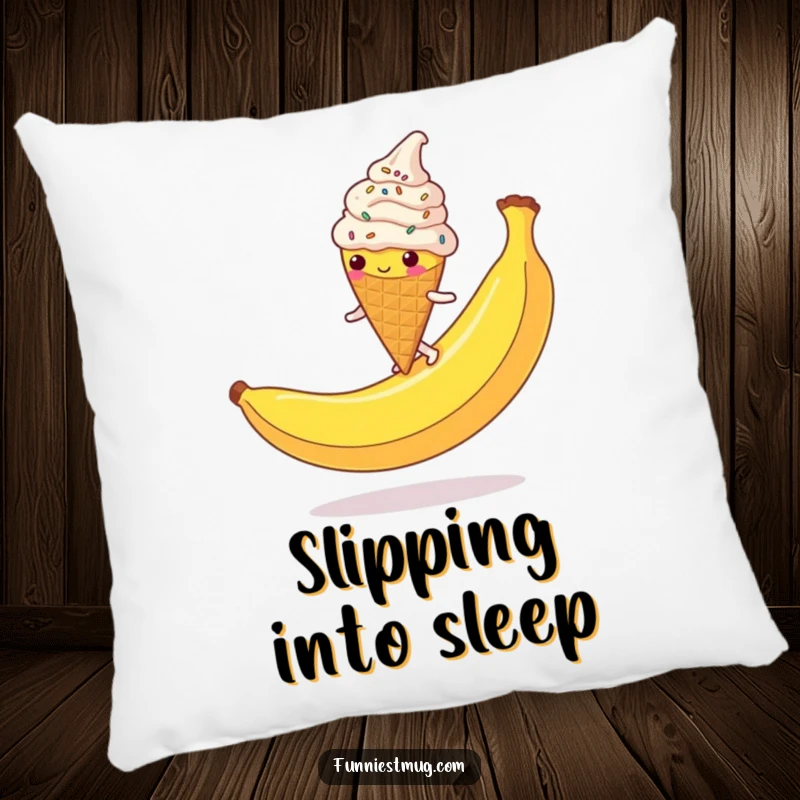 Funny Ice Cream Cone Pillow: A clumsy, sprinkle-covered character slipping on a banana peel, a soft and humorous decorative pillow.
