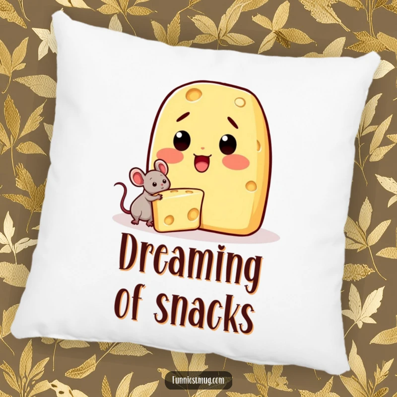 Funny Kawaii pillow showcasing a surprised cheese character with a tiny mouse stealing its wedge.