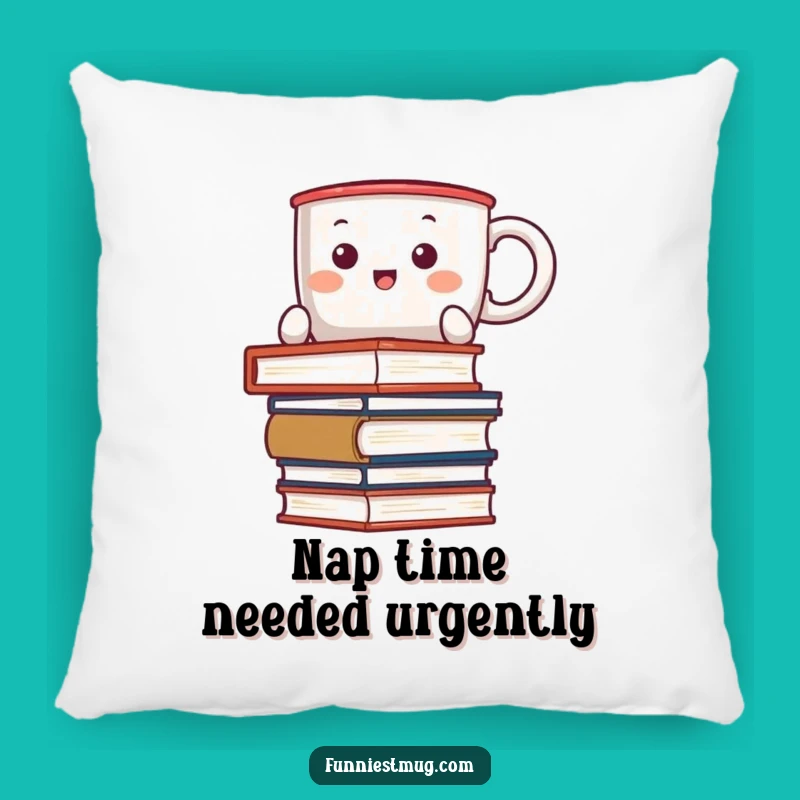 Funny Kawaii Coffee Mug Pillow - Comfy Book Balancing Character