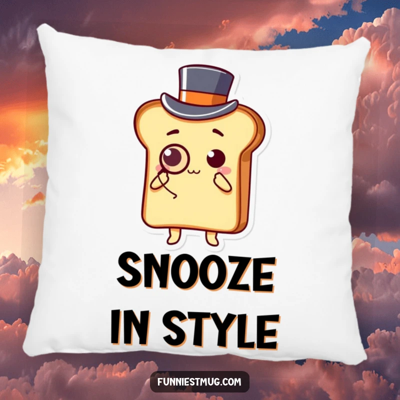 Funny Kawaii pillow featuring a slice of toast character elegantly bowing, dressed in a top hat and monocle.