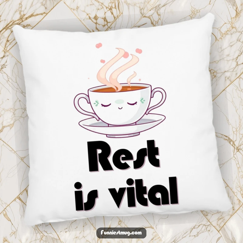 Funny Napping Teacup Pillow: Soft throw pillow with a delightful illustration of a napping teacup surrounded by gentle steam, a funny accent piece.