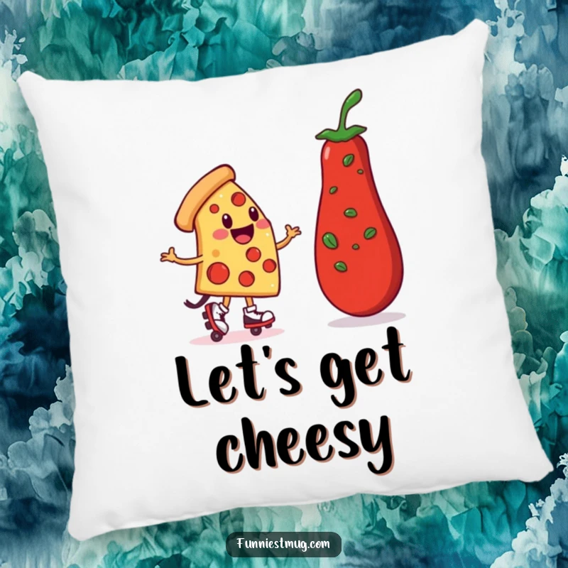 Funny Pizza Roller Skater Pillow: A smiling pizza character on roller skates, wobbling toward a pepperoni, soft and funny.