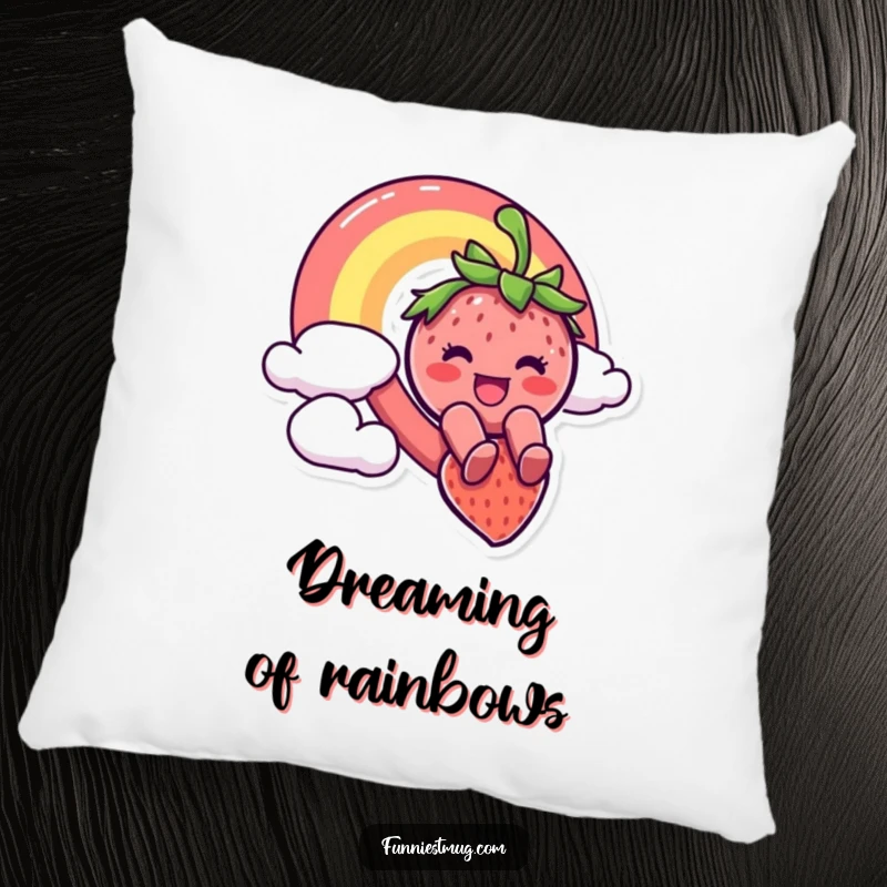 Funny pillow featuring a smiling strawberry character mid-slide down a vibrant rainbow, exuding a sense of exhilarating fun and boundless joy.
