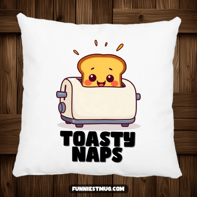 Funny Pillow featuring smiling toast popping out of a toaster with an expression of exaggerated surprise, offering soft comfort.