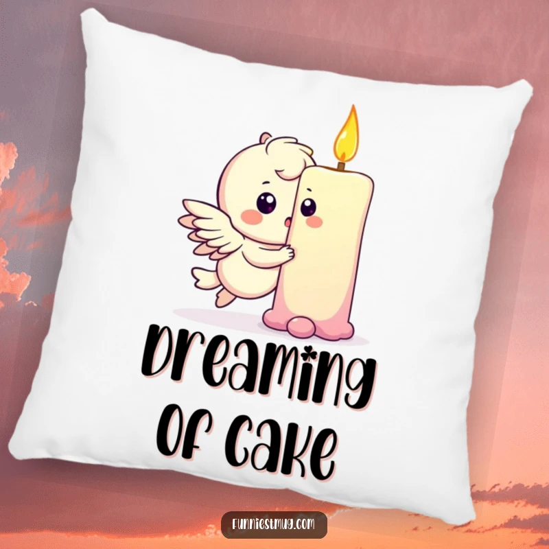 Funny pillow featuring a playful winged character gently bumping into a giant birthday candle, looking surprised.