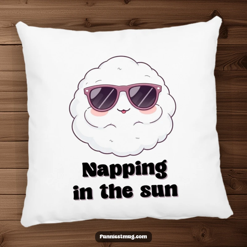 Funny pillow with a cute, fluffy cloud character comically wearing oversized sunglasses, perfect for adding cool comfort.