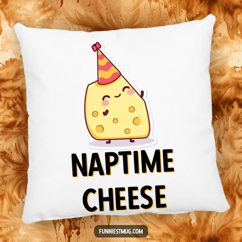 Funny Pillow: Jolly cheese wedge attempting to balance a tiny party hat, soft and festive decor.