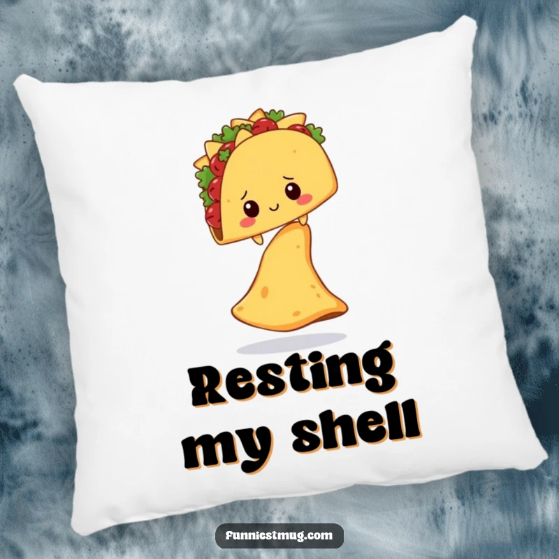 Funny Shy Taco Nacho Chip Pillow: A shy taco balancing on a giant nacho chip, soft and funny comfort.