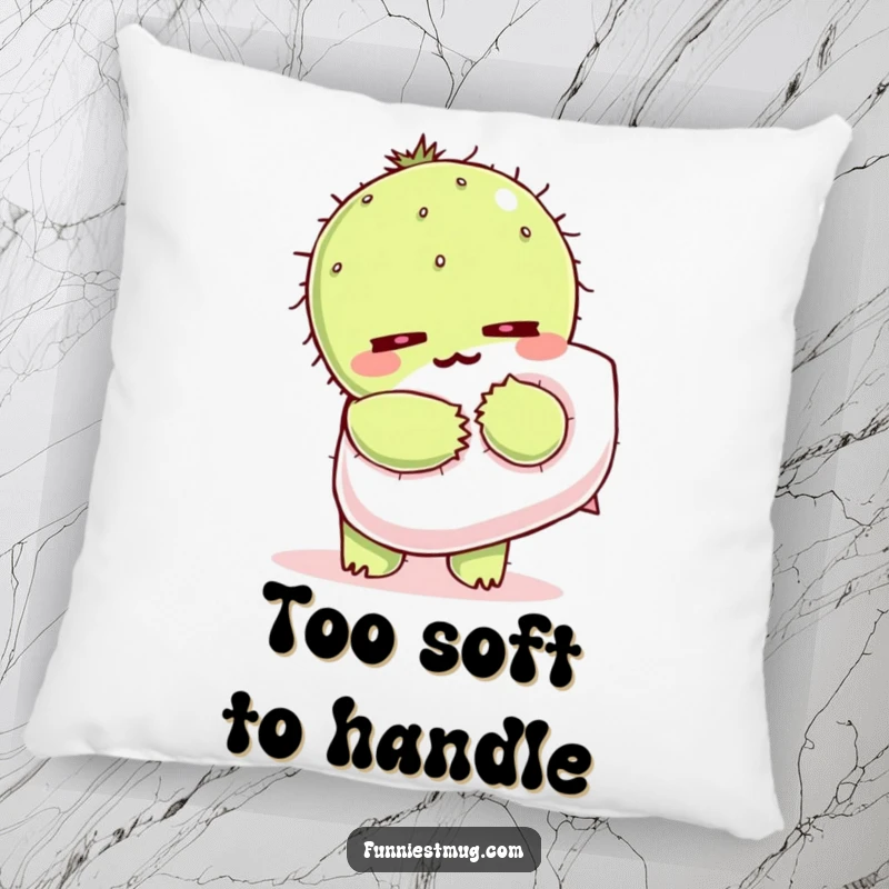 Funny Kawaii pillow showcasing a cactus character wincing as it embraces a fluffy pillow.
