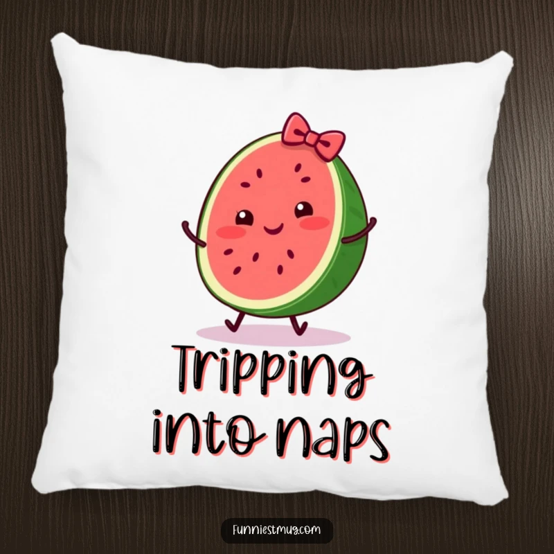 Funny pillow featuring a cheerful watermelon slice with a bow, in a comical tripping pose, providing soft comfort and humor.