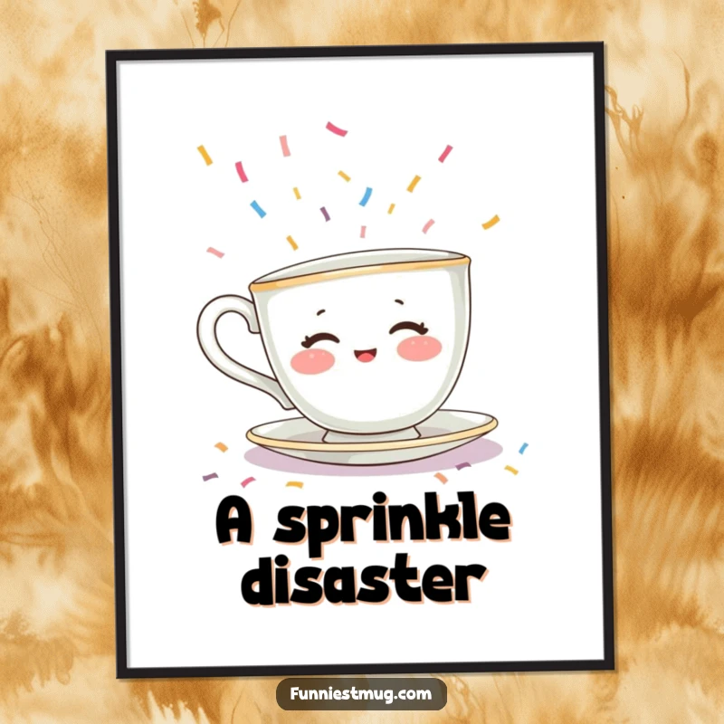 Funny digital art print of a shy teacup character with rosy cheeks trying to escape a flood of tiny, colorful sprinkles. Instant decor.