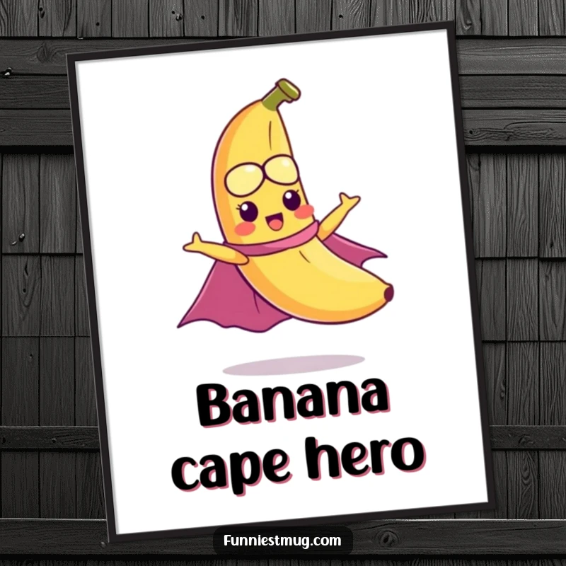 Funny digital art of a mischievous banana wearing a cape, hilariously attempting to fly, ready to be printed for fun decor.