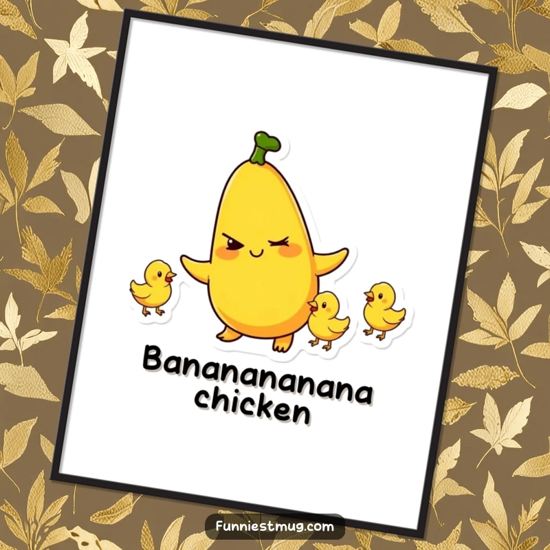 Funny digital art portraying a mischievous banana character winking and juggling tiny rubber chickens, instantly downloadable humor.