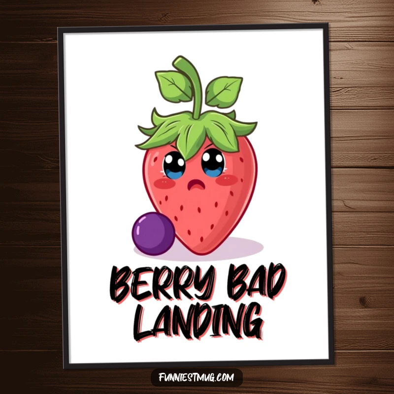 Funny surprised strawberry character slipping on a grape, a high-resolution digital art print exuding surprise and funny energy.