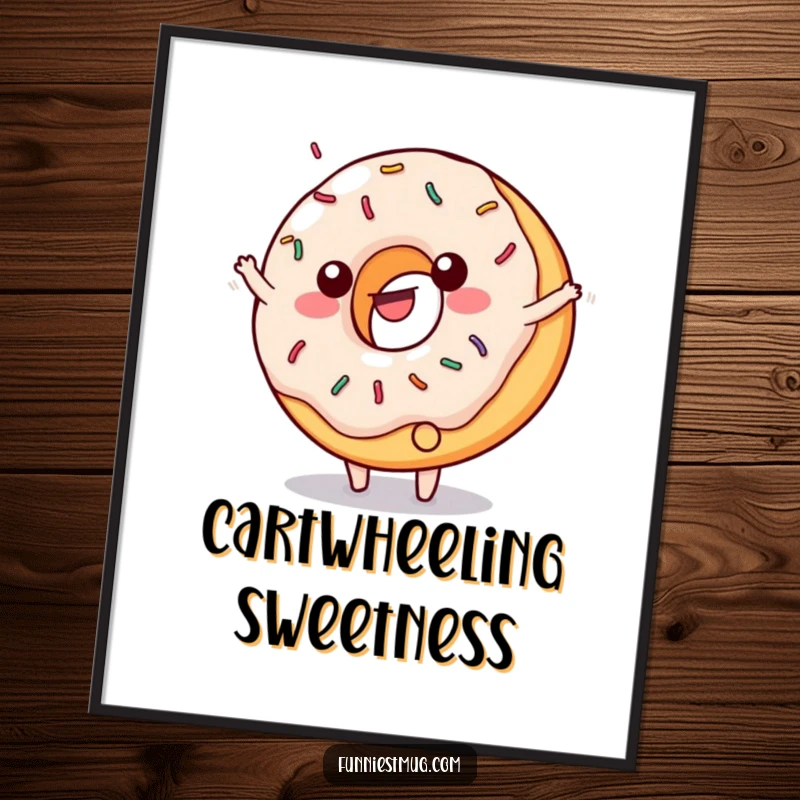 Funny digital art print of a happy, sprinkled donut doing a cartwheel with frosting flying.