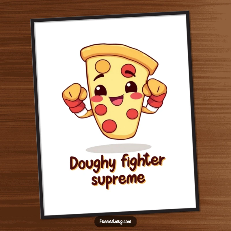 Funny digital art print of a happy pizza slice wearing tiny boxing gloves and flexing, creating instant motivational decor.