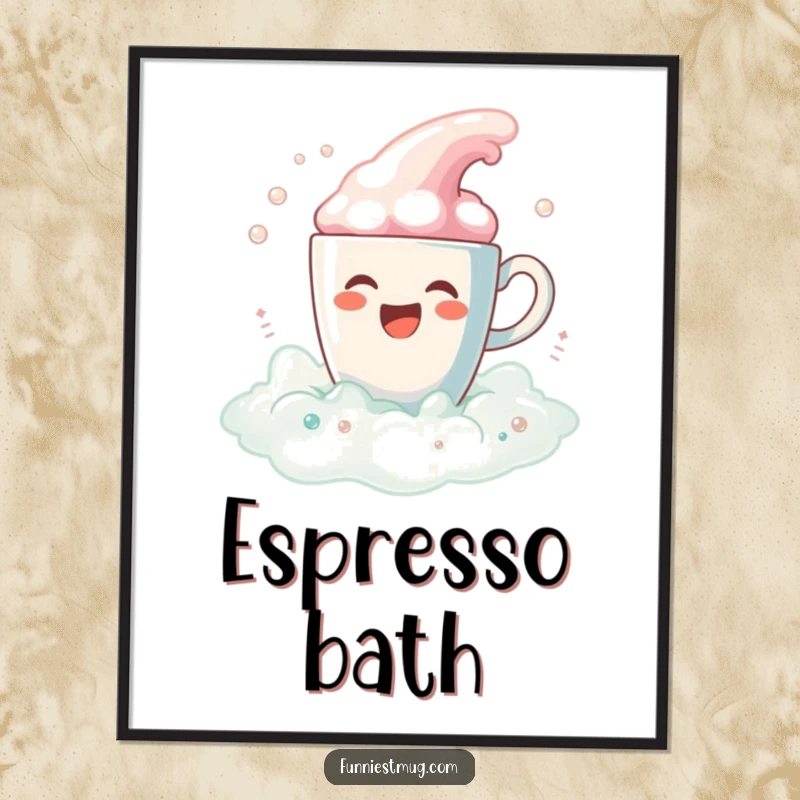 Funny Coffee Bath Spill Digital Art: Joyful coffee cup spilling colorful bubbles, downloadable humorous artwork.
