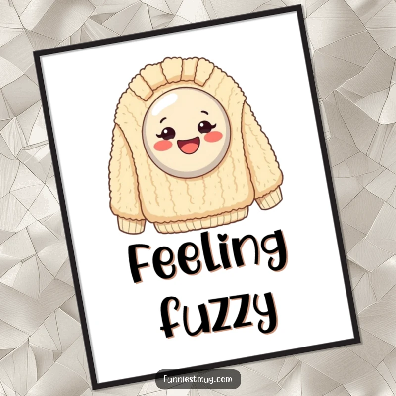 Funny Digital Art Print: Exaggeratedly happy button stuck on a giant, fuzzy sweater, perfect for cozy, humorous decor.