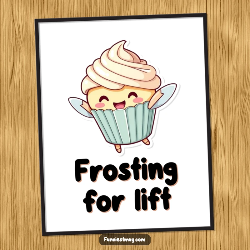 Funny Flying Cupcake Digital Art Print: A cheerful cupcake character with oversized frosting attempting to fly, instant wall art.