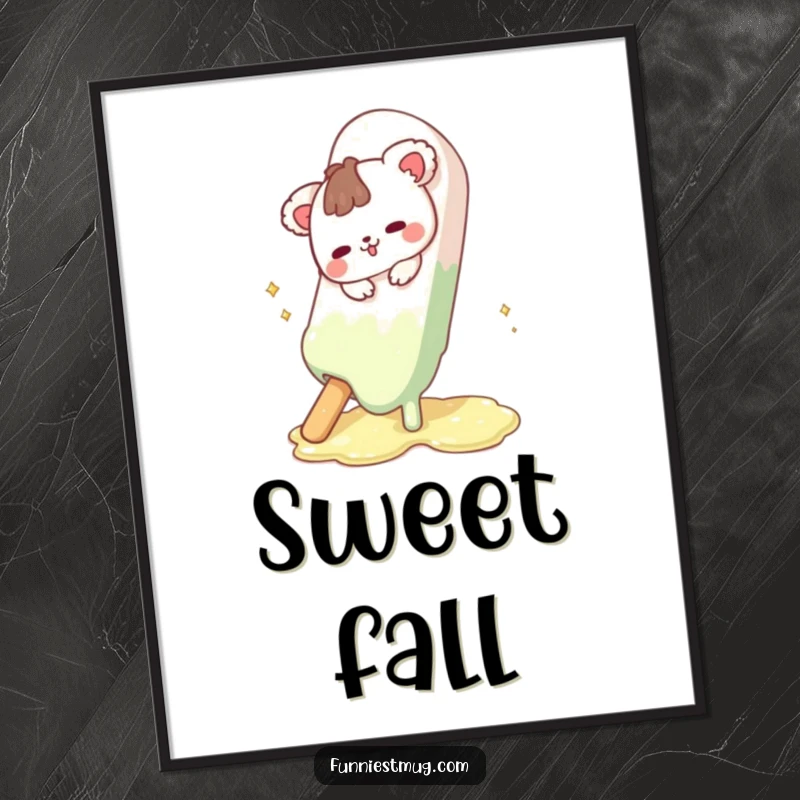 Funny Cute Animal Digital Art Print of the character slipping on a giant melting chocolate bar, ideal for instant, funny decor.