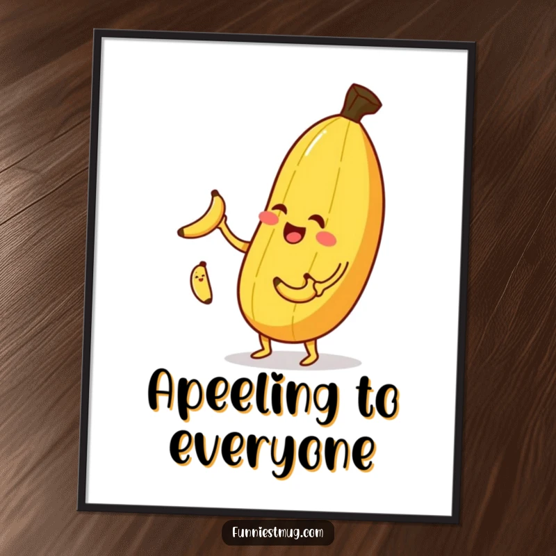 Funny banana juggling digital art print, a cheerful banana winking while juggling small bananas.
