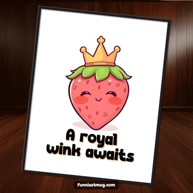 Funny digital art print of a blushing strawberry wearing a crown and winking, a sweet and humorous royal character for wall decor.