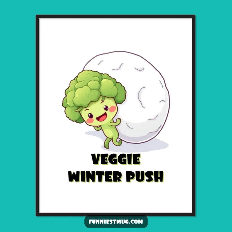 Funny Broccoli Snowball Digital Art: Optimistic Veggie Uphill Print