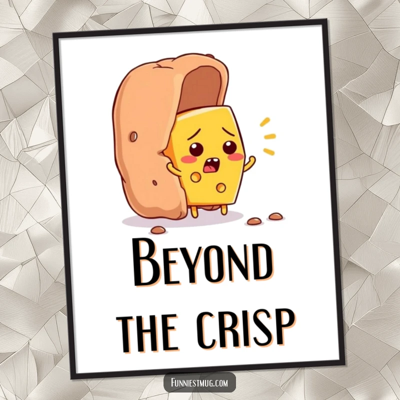Funny cheese slice character flustered, trying to escape a giant cracker, humorous food art, digital download.