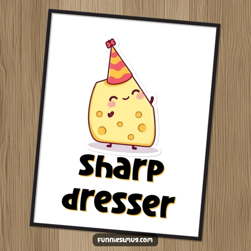 Funny Digital Art Print: Jolly cheese wedge attempting to balance a tiny party hat, ideal for humorous foodie decor.