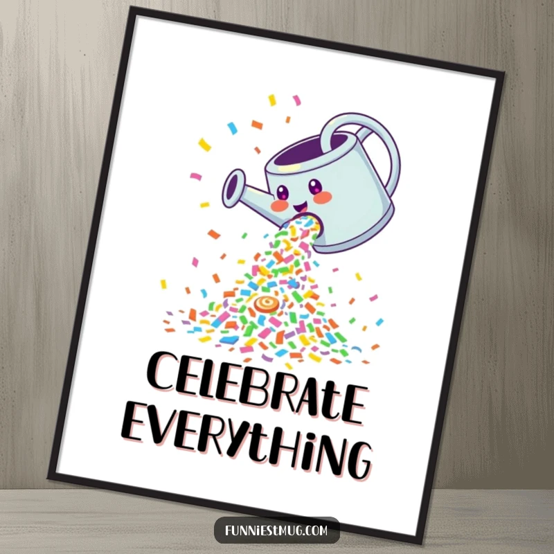 Funny Digital Art Print: Giggling watering can pouring a cascade of colorful confetti, ideal for celebratory decor.