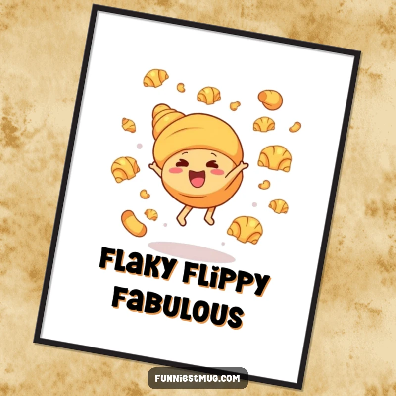 Funny digital art print of a giggling croissant character doing a cartwheel, with butter croissants flying, a humorous and energetic bakery illustration ready to print.