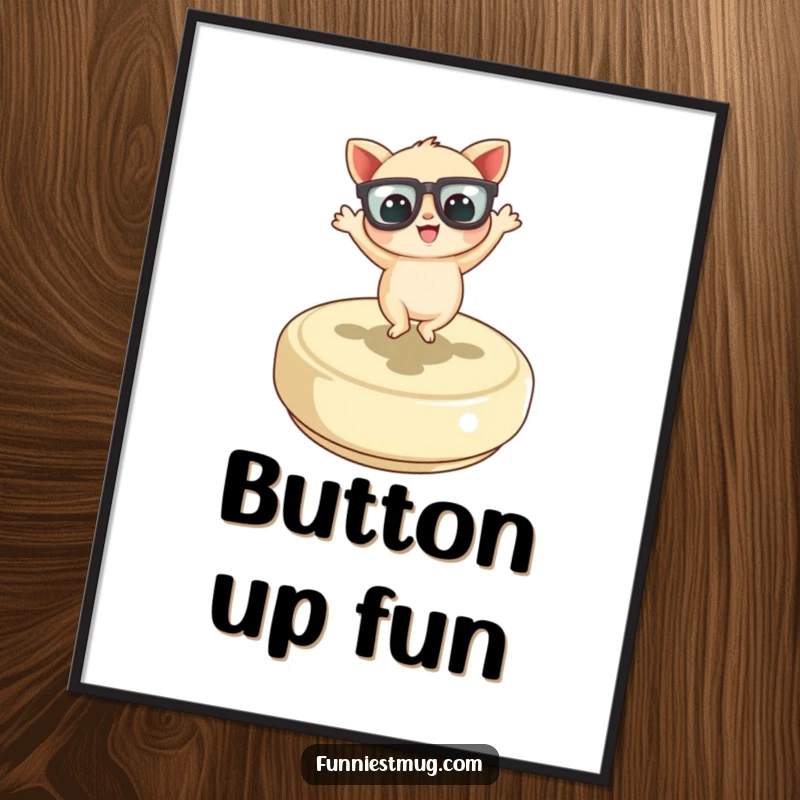 Funny Little Creature Digital Art Print of the character with oversized glasses dancing on a giant button, ideal for instant decor.