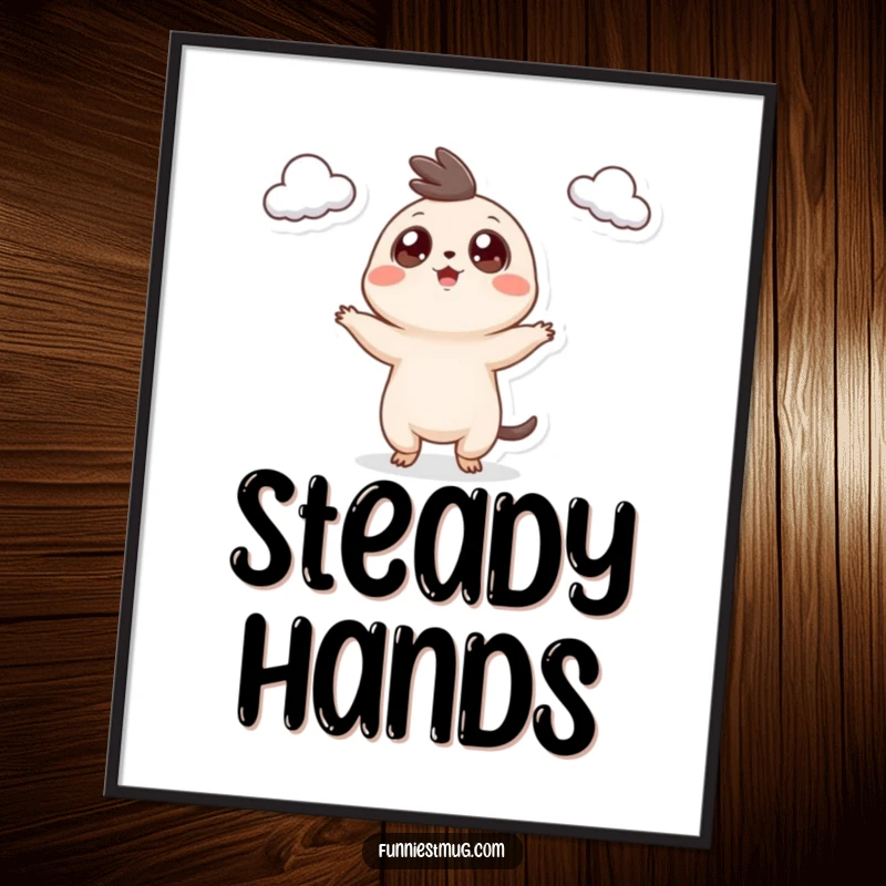 Funny Googly Eyed Creature Digital Art Print of the creature hilariously juggling teacups, ideal for instant, funny home decoration.