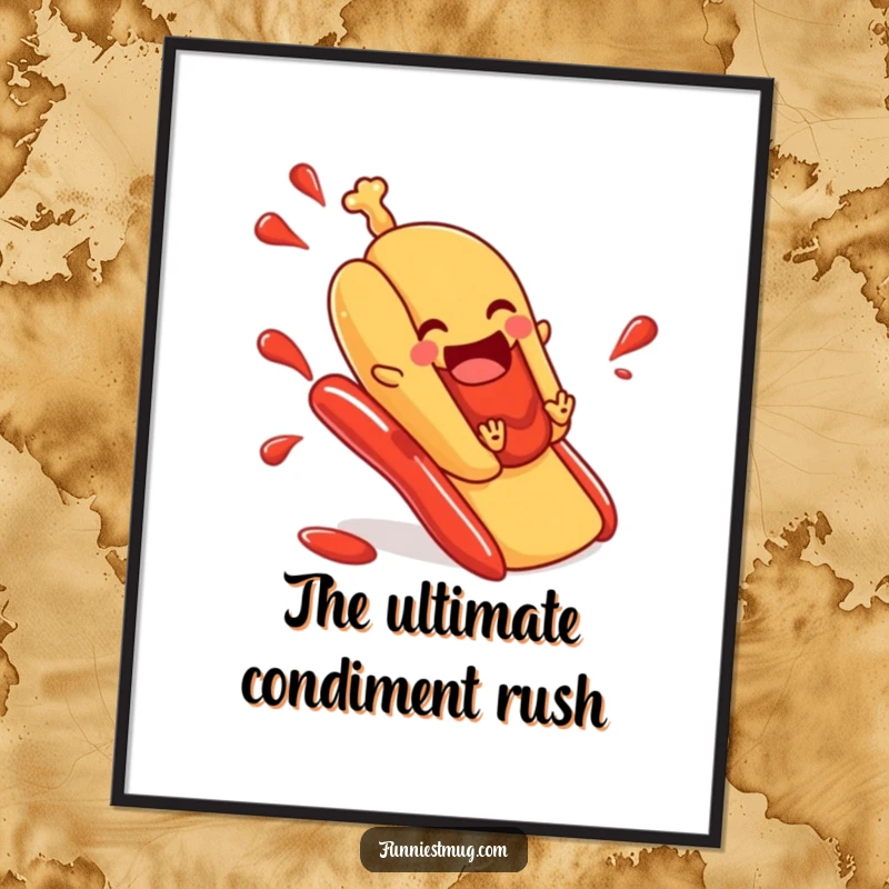 Funny digital art print of a hot dog in a bun comically sliding down a ketchup slide, full of joy and energy for wall decor.