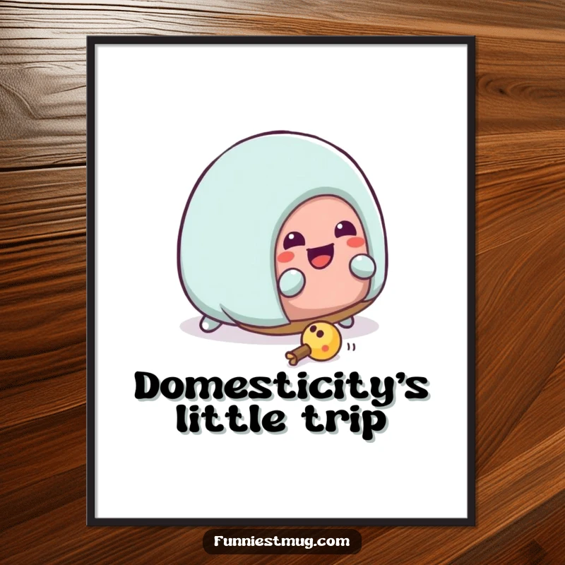 Funny Kawaii house slipper character hilariously tripping over a toy, a high-resolution digital download for instant humorous wall art.