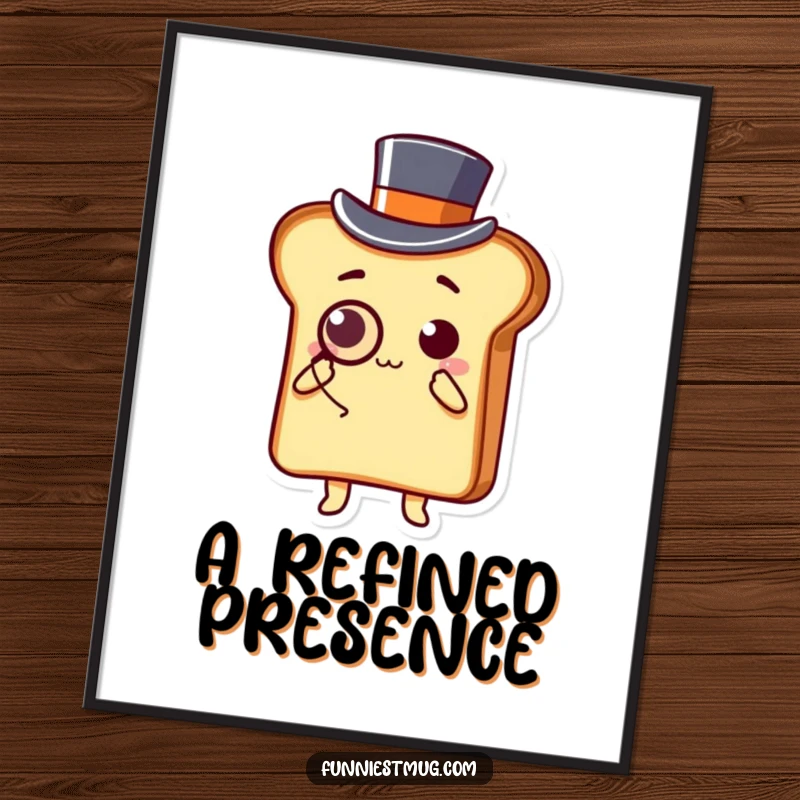 Funny Kawaii digital art print of a slice of toast character wearing a top hat and monocle, bowing gracefully.