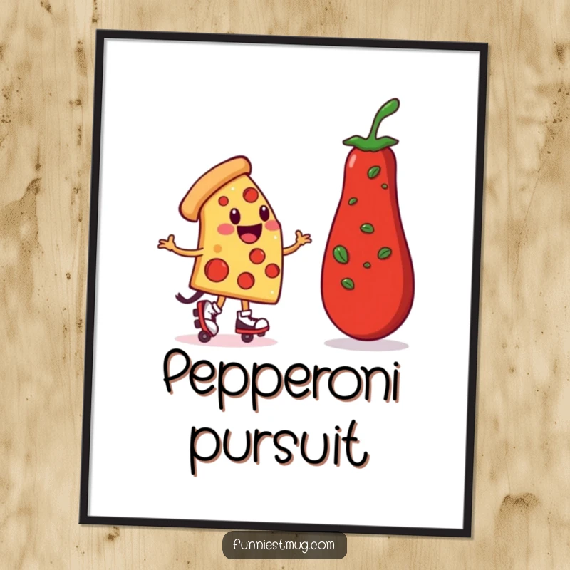 Funny Pizza Roller Skater Digital Art: Smiling pizza character skates precariously towards a pepperoni, downloadable humorous artwork.