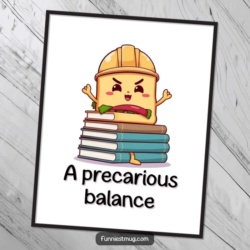 Funny Sandwich Book Balance Digital Art: A determined sandwich in a hard hat balancing wobbly books, ready to print.